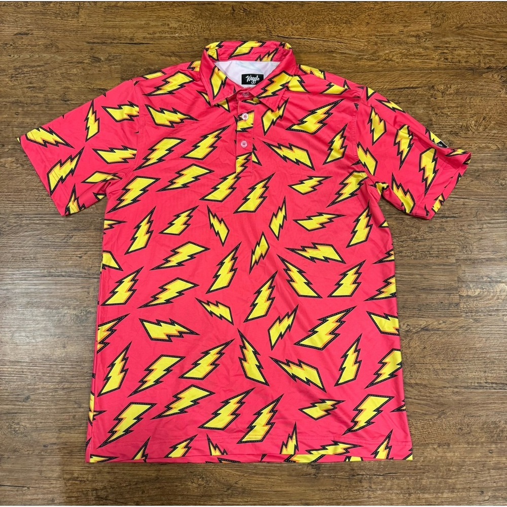 Waggle Red Thunder‎ Lightning Bolts Stretch Performance Golf Polo Shirt Men's M - Picture 2 of 6